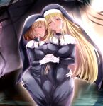  2girls andrew_(duel_angel) bangs blonde_hair blush breast_press breasts brown_hair commentary duel_monster exosister_elis exosister_stella eyebrows_visible_through_hair eyes_visible_through_hair gloves green_eyes hand_on_another&#039;s_hip height_difference highres holding_hands large_breasts long_hair looking_at_another medium_breasts multiple_girls nun orange_eyes symmetrical_docking white_gloves yu-gi-oh! yuri 