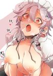  1girl bangs black_legwear blush braid breasts breasts_apart collar collarbone feet_out_of_frame grey_hair hair_between_eyes heart highres izayoi_sakuya large_breasts long_hair looking_at_viewer maid_headdress navel nipple_tweak nipples open_mouth out_of_frame sayakata_katsumi short_sleeves sidelocks simple_background speech_bubble thick_thighs thighs tongue tongue_out touhou white_background wing_collar 