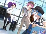  13-gou 1boy 2girls blue_eyes blue_hair braid breasts brother_and_sister dorothy_west hat leona_west long_hair looking_at_viewer multiple_girls one_eye_closed open_mouth otoko_no_ko pink_hair pretty_(series) pripara purple_hair shirt short_hair siblings side_ponytail smile striped striped_shirt toudou_shion yellow_eyes 