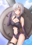 1girl anti_(untea9) black_leotard blue_eyes blush breasts cleavage clothing_cutout cosplay cowboy_shot day elbow_gloves eyes_visible_through_hair fate/grand_order fate_(series) gloves grey_hair hair_ornament hair_over_one_eye hairclip hamakaze_(kancolle) highres kantai_collection large_breasts leotard lips looking_at_viewer lord_camelot_(fate) mash_kyrielight mash_kyrielight_(cosplay) navel_cutout outdoors shield short_hair sunlight sweatdrop v white_hair 