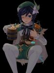  1boy absurdres alcohol androgynous bangs beer beer_mug beret black_background black_hair blue_hair blush bottle bow braid brooch cape collared_cape collared_shirt commentary_request corset cup feathers flower frilled_sleeves frills gem genshin_impact gradient_hair green_cape green_eyes green_headwear green_shorts hat hat_flower highres holding holding_bottle holding_cup jewelry leaf long_sleeves looking_at_viewer male_focus mug multicolored_hair one_eye_closed pantyhose pinwheel shirt short_hair_with_long_locks shorts side_braids sidelocks signature simple_background smile solo tongue tongue_out twin_braids venti_(genshin_impact) vision_(genshin_impact) white_flower white_legwear white_shirt youli 