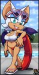  &lt;3 amuzoreh anthro big_breasts bikini bikini_bottom breasts camel_toe chiropteran cleavage clothed clothing eyewear eyewear_on_head female flip_flops footwear hi_res lifeguard looking_at_viewer mammal nipple_outline rouge_the_bat sandals sega solo sonic_the_hedgehog_(series) sunglasses sunglasses_on_head swimming_pool swimwear wings 