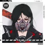  1girl absurdres barcode black_hair black_jacket character_name choker ear_piercing english_text face grey_background highres jacket long_hair looking_at_viewer park_junkyu piercing portrait red_eyes respirator sailor_collar solo spiked_choker spikes the_girls_of_armament 