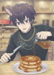  1boy :p animal_ears black_hair black_sweater blanc1771 butter chain dog_boy dog_ears food fork highres holding holding_fork indie_virtual_youtuber indoors jewelry long_sleeves looking_down male_focus necklace pancake pancake_stack plate purple_eyes short_hair shoto_(vtuber) smile sweater syrup tongue tongue_out virtual_youtuber 