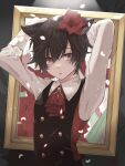  1boy :o animal_ears black_hair brown_eyes cat_boy cat_ears flower hair_flower hair_ornament highres long_sleeves looking_at_viewer male_focus open_mouth original picture_frame sangonosyokudai short_hair solo 