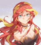  1girl animesoul bare_shoulders blonde_hair breasts choker cleavage collarbone green_eyes highres messy_hair multicolored_hair my_little_pony_equestria_girls orange_hair personification solo strapless streaked_hair sunset_shimmer two-tone_hair 