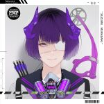  1girl absurdres arrow_(projectile) barcode character_name closed_mouth english_text eyepatch face grey_background headgear highres looking_at_viewer one_eye_covered park_junkyu portrait purple_eyes purple_hair respirator sailor_collar short_hair smile solo the_girls_of_armament 