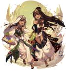  2girls arabian_clothes breasts brown_hair dunyazad_(grimms_notes) earrings flower full_body grimms_notes holding_hands jewelry long_hair multiple_girls necklace one_eye_closed open_mouth ponytail purple_eyes ribbon sakanahen scheherazade_(grimms_notes) smile teeth tiara turban 