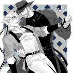  2boys acea_n age_difference beard blush caesar_anthonio_zeppeli collared_shirt dancing elbow_gloves facial_hair facial_tattoo gloves hat headband highres holding_hands hug jacket jewelry jojo_no_kimyou_na_bouken joseph_joestar joseph_joestar_(old) leather leather_belt looking_at_viewer male_focus manly mature_male multiple_boys muscular muscular_male music old old_man open_clothes open_jacket open_mouth pants shirt singing smile spiked_hair sweat sweatdrop tattoo teeth tight 