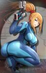  1girl abs absurdres aqua_eyes arm_support ass blonde_hair blue_bodysuit bodysuit breasts duplicate gonzarez green_eyes gun high_heels highres holding holding_gun holding_weapon impossible_bodysuit impossible_clothes kneeling large_breasts legs long_hair looking_at_viewer metroid mole mole_under_mouth muscular parted_lips pixel-perfect_duplicate ponytail samus_aran sidelocks skin_tight solo squatting teeth thighs weapon zero_suit 