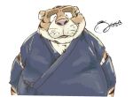  0ottotto0 2017 anthro belly big_belly eyes_closed felid jinbei_(clothing) kemono male mammal overweight overweight_male pantherine pink_nose simple_background solo tiger 