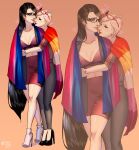  2girls absurdres bayonetta bayonetta_(series) bisexual_flag black-framed_eyewear black_footwear black_hair breasts cleavage earrings eyeshadow grey_pants grey_shirt heart high_heels highres hug hug_from_behind jeanne_(bayonetta) jewelry lesbian_flag lgbt_pride long_hair makeup medium_breasts multiple_girls orange_background pants parted_lips purple_skirt red-framed_eyewear riicemochii shirt skirt smile very_long_hair white_footwear white_hair yuri 