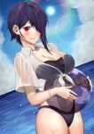  1girl aogiri_koukou_game_club bangs blush breasts cleavage closed_mouth eyebrows_visible_through_hair hair_between_eyes hair_over_one_eye highres large_breasts looking_at_viewer otodama_tamako purple_hair red_eyes see-through short_hair smile solo swimsuit virtual_youtuber wet wet_clothes yuya_(pixiv37335712) 