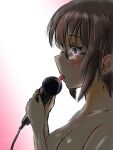  1girl absurdres blush breasts brown_hair collarbone girls_und_panzer glasses gradient gradient_background highres hiyama_yuu_(wee259hiyama) holding holding_microphone implied_fellatio licking microphone nude ou_taiga saliva sweat tears tongue tongue_out twitter_username 