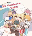  6+girls birthday blonde_hair blush brown_gloves brown_skirt character_doll character_request copyright_request doll doll_hug english_text eyebrows_visible_through_hair fingerless_gloves fur_hat girls&#039;_frontline gloves happy_birthday hat highres matsuo_(matuonoie) medium_hair multiple_girls nagant_revolver_(girls&#039;_frontline) object_hug open_mouth ppd-40_(girls&#039;_frontline) red_eyes shirt simple_background skirt white_shirt 