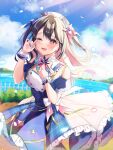  1girl absurdres anzu_1026 bangs black_hair blurry blurry_background character_request cloud copyright_request day dress hands_up highres long_hair looking_at_viewer one_eye_closed open_mouth petals pink_eyes short_dress short_sleeves sky solo two_side_up 