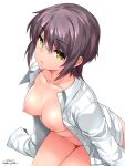  1girl bangs bottomless breasts closed_mouth dated dress_shirt glasses happa_(cloverppd) looking_at_viewer medium_breasts nagato_yuki naked_shirt open_clothes open_shirt purple_hair shirt signature simple_background sitting solo suzumiya_haruhi_no_yuuutsu white_background yellow_eyes 