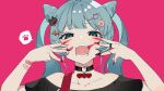  1girl animal_(vocaloid) aqua_eyes aqua_hair bandaid bandaid_on_arm bandaid_on_wrist bangs bare_shoulders black_shirt blunt_bangs bow cat_hair_ornament choker cone_hair_bun double_bun double_w drooling facepaint facial_mark fangs fingernails hair_bow hair_bun hair_ornament hatsune_miku heart heart_choker heart_in_mouth heart_o-ring highres jewelry long_fingernails middle_w multicolored_eyes multiple_rings nail_art off-shoulder_shirt off_shoulder official_art omutatsu open_mouth paw_hair_ornament pink_background ring saliva shirt sidelocks simple_background slit_pupils speech_bubble spoken_paw strap_slip twintails vocaloid w w_over_face whisker_markings whisker_pose yellow_eyes 
