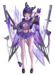  absurdres bangs black_footwear blue_eyes breasts bug butterfly choker fishnets full_body hairband highres large_breasts loafers looking_at_viewer navel original parted_lips pleated_skirt purple_hair purple_skirt revealing_clothes sailor_collar shoes short_hair simple_background skirt standing sword tokkihouse weapon white_background 
