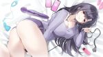  1girl ass bangs black_hair blush breasts cellphone closed_mouth collarbone eyebrows_visible_through_hair gogoco highres large_breasts long_hair long_sleeves looking_at_viewer original phone purple_eyes purple_shirt purple_shorts sex_toy shirt short_shorts shorts smartphone smile thighs 