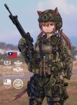  1girl animal_ears assault_rifle bangs blurry blurry_background brown_hair bulletproof_vest camouflage camouflage_jacket camouflage_pants chestnut_mouth chin_strap chinese_commentary chinese_text commentary_request cowboy_shot ears_through_headwear fang_zhenjun gloves green_gloves gun hair_between_eyes headphones helmet holding holding_gun holding_weapon holster jacket long_hair looking_at_viewer military military_helmet original pants photo_background red_eyes republic_of_china_flag rifle scope soldier solo standing tactical_clothes thigh_holster thigh_pouch translation_request twintails very_long_hair weapon weapon_request 
