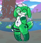  animate_inanimate anthro canid canine canis clover_team_leader domestic_dog epic_games eyes_closed female floppy_ears foamytail fortnite fungus giggling gloves_(marking) green_body hair handles_on_hips hi_res inflatable lake leg_markings lily_pad living_inflatable mammal markings mushroom nozzle patch_(fabric) plant pool_toy short_hair smile socks_(marking) solo stripes tree video_games white_body 