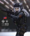  1girl animal_ears bangs black_gloves black_headwear bulletproof_vest chin_strap chinese_commentary chinese_text commentary_request cowboy_shot ears_through_headwear fang_zhenjun gloves grey_jacket grey_pants gun headphones helmet holding holding_gun holding_weapon jacket long_hair military military_helmet orange_eyes original pants republic_of_china_flag sidelocks solo submachine_gun tactical_clothes translation_request walkie-talkie walking weapon weapon_request white_hair 