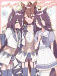  3girls ^_^ agnes_tachyon_(umamusume) ahoge animal_ears bangs blue_legwear blush_stickers brown_hair choker closed_eyes collared_shirt common_race_outfit_(umamusume) cropped_jacket earrings facing_viewer garter_straps hair_between_eyes hand_on_another&#039;s_hip hand_up highres horse_ears horse_girl horse_tail jacket jewelry long_sleeves looking_at_another looking_at_viewer looking_down manhattan_cafe_(umamusume) multicolored_hair multiple_girls navel nochatea puffy_short_sleeves puffy_sleeves red_shorts school_uniform shirt short_sleeves shorts single_earring skirt skirt_hold standing streaked_hair sweatdrop tail thighhighs thought_bubble tracen_school_uniform translation_request umamusume vest white_jacket white_legwear white_shirt white_skirt wristband yellow_eyes 