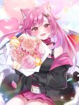  1girl absurdres animal_ear_fluff animal_ears anzu_1026 balloon blush bouquet cat_ears cat_hair_ornament collar demon_tail demon_wings flower fur_trim hair_ornament highres holding holding_bouquet indie_virtual_youtuber jacket looking_at_viewer nekuro_konami off_shoulder open_mouth pink_eyes pink_hair pleated_skirt sitting skirt smile solo tail wings 