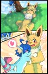  &lt;3 3_fingers absurd_res ambiguous_gender anthro black_nose black_sclera blue_hair blush bow_ribbon cloud cloudscape comic crotch_tuft duo eeveelution embrace eyes_closed fangs fin fingers fur grass hair half-closed_eyes hi_res hug humming jolteon lying male napping narrowed_eyes nintendo on_back open_mouth paws plant pok&eacute;mon pok&eacute;mon_(species) purple_eyes ruka_vaporeon shadow simple_background sky sneaking surprise_hug tongue tree tuft unknown_artist vaporeon video_games white_body white_fur yellow_body yellow_fur 