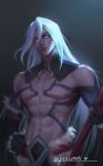  1boy abs absurdres artist_name bangs collarbone elbow_gloves fur_trim gloves glowing glowing_eyes gradient gradient_background grey_hair hair_between_eyes heart highres holding kayn_(league_of_legends) league_of_legends long_hair navel official_alternate_costume piscina shiny shiny_hair smile solo 