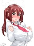  1girl bangs blush breasts buttons clenched_hands closed_mouth dated ebina_nana eyebrows_visible_through_hair happa_(cloverppd) himouto!_umaru-chan large_breasts long_hair long_sleeves neckerchief nose_blush red_eyes red_hair red_neckerchief school_uniform shirt signature simple_background sleeves_past_wrists solo steam tight tight_shirt upper_body white_background white_shirt 