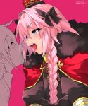  1boy 1other after_kiss astolfo_(fate) bangs black_bow bow braid cape commentary_request crown dated fate/grand_order fate_(series) fur-trimmed_cape fur_trim hair_between_eyes hair_bow happa_(cloverppd) long_hair open_mouth otoko_no_ko pink_background pink_hair purple_eyes red_cape saliva saliva_trail signature simple_background tongue upper_body 