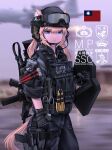  1girl animal_ear_fluff animal_ears assault_rifle bangs black_gloves black_headwear black_jacket blue_eyes blurry blurry_background brown_hair brown_tail bulletproof_vest chestnut_mouth chin_strap chinese_commentary chinese_text commentary_request cowboy_shot ears_through_headwear fang_zhenjun from_side gloves gun handgun headphones holster holstered_weapon jacket light_brown_hair looking_at_viewer microphone military original parted_lips photo_background pistol republic_of_china_flag rifle rifle_on_back riot_shield shield sleeves_rolled_up soldier solo tactical_clothes tail taiwan thigh_holster translation_request weapon weapon_request 