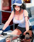  1girl :d alternate_costume alternate_hairstyle arm_ribbon bangs bare_shoulders baseball_cap bicycle black_hair black_shorts breasts casual cleavage collarbone commentary_request covered_nipples day door eyebrows_visible_through_hair final_fantasy final_fantasy_vii fingerless_gloves gloves ground_vehicle hat highres large_breasts long_hair open_mouth outdoors ponytail red_eyes red_ribbon revision ribbon riding_bicycle see-through short_shorts shorts sidelocks smile solo storefront suuitchi sweat tank_top thighs tifa_lockhart white_gloves white_tank_top 