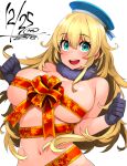  1girl atago_(kancolle) bangs bare_shoulders beret black_gloves blonde_hair blue_headwear breasts commentary_request dated eyebrows_visible_through_hair fur_collar gloves green_eyes hair_between_eyes happa_(cloverppd) hat kantai_collection large_breasts long_hair looking_at_viewer navel open_mouth red_ribbon ribbon signature simple_background solo stomach teeth upper_body white_background 