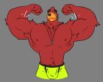  absurd_res anthro avian beak big_arms big_muscles big_pecs bird boxer_briefs bulge clothed clothing dog_tags flexing grey_background hi_res looking_at_viewer male muscular muscular_male navel partially_clothed pecs red_body riko_(virdemis) simple_background solo topless underwear virdemis 