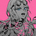  1girl antenna_hair bangs barbed_wire blue_eyes breasts choker cleavage collarbone danganronpa_(series) danganronpa_v3:_killing_harmony fingerless_gloves geqian_guiyu gloves goggles goggles_on_head hair_between_eyes highres iruma_miu long_hair messy_hair open_mouth pink_background portrait shirt solo teeth thumbs_down tongue 