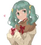  1girl bangs blunt_bangs blush box cable_knit eyebrows_visible_through_hair futaba_sana futaba_sana_(winter_costume) green_eyes green_hair heart heart-shaped_box highres holding holding_box homocacti magia_record:_mahou_shoujo_madoka_magica_gaiden mahou_shoujo_madoka_magica medium_hair red_ribbon ribbon scrunchie sidelocks simple_background sleeves_past_wrists smile solo sweater twintails upper_body wavy_hair white_background yellow_scrunchie yellow_sweater 