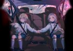  2boys :o bangs black_footwear blonde_hair blue_bow blue_bowtie blue_shorts blurry blush bow bowtie car_interior child closed_mouth collared_shirt depth_of_field dress_shirt ensemble_stars! frown green_bow green_bowtie green_shorts grey_hair grey_legwear hair_between_eyes hair_over_shoulder holding holding_hands holding_stuffed_toy kneehighs legwear_garter long_hair long_sleeves looking_away male_child male_focus multiple_boys outstretched_arm parted_bangs ponytail purple_eyes rain ran_nagisa red_eyes rrr_(reason) seatbelt shirt shoes short_hair shorts sitting storm stuffed_animal stuffed_bunny stuffed_toy suspender_shorts suspenders teddy_bear tomoe_hiyori traffic_light web_address white_shirt younger 