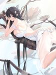  1girl antlers ass azur_lane back backless_dress backless_outfit bangs bare_shoulders black_eyes black_hair breasts dress english_commentary flower flower-trimmed_dress from_side gorohneru hair_flaps hair_flower hair_ornament half_updo highres in_tree indomitable_(azur_lane) large_breasts long_dress long_hair looking_at_viewer lying on_stomach revealing_clothes see-through see-through_dress sideboob skindentation smile solo thighs tree very_long_hair white_dress 