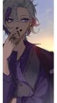  0415yuirita 1boy bad_hands black_nails blurry blurry_background collared_shirt dated ear_piercing earrings food fuwa_minato grey_hair hand_up highres jacket jacket_on_shoulders jewelry male_focus multicolored_hair necktie nijisanji piercing pocky purple_necktie purple_shirt ring shirt solo upper_body vest 