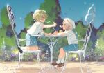  2boys bangs bare_arms black_footwear blonde_hair blue_ribbon blue_shorts bob_cut brown_footwear bush chair child crossed_ankles day ensemble_stars! feeding flower food from_behind glint hat holding holding_spoon ice_cream kneeling light_particles long_hair male_child male_focus multiple_boys on_chair open_mouth outdoors outstretched_arms profile purple_eyes ran_nagisa red_eyes ribbon rrr_(reason) sailor_collar sailor_hat sailor_shirt shirt shoes short_hair short_sleeves shorts sitting socks soft_serve spoon table tomoe_hiyori web_address white_headwear white_legwear white_shirt wind younger 