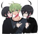  3boys ahoge amami_rantarou antenna_hair arm_hug bangs black_jacket blush brown_eyes collarbone cropped_torso danganronpa_(series) danganronpa_v3:_killing_harmony drooling dual_persona green_eyes green_hair hair_between_eyes hug jacket jewelry long_sleeves looking_at_another male_focus multiple_boys nabu_(d4ng4nn6bu12) necklace saihara_shuuichi shiny shiny_hair short_hair striped striped_jacket sweatdrop upper_body yaoi 