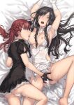  2girls armpits arms_up ass bare_legs barefoot bed_sheet black_gloves black_shirt black_skirt blue_eyes braid breasts brown_hair censored fingering french_braid from_above gloves green_eyes highres large_breasts licking licking_nipple long_hair looking_at_viewer lying miniskirt multiple_girls nipples non-web_source on_back on_side open_mouth original pleated_skirt pussy_juice pussy_juice_stain red_hair ribbon shiny shiny_hair shirt short_sleeves skirt spread_leg stained_sheets takekawa_shin twintails very_long_hair white_gloves white_ribbon yuri 