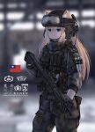  1girl animal_ear_fluff animal_ears assault_rifle bangs belt black_gloves blonde_hair blue_eyes blurry blurry_background bulletproof_vest chin_strap chinese_commentary chinese_text commentary_request ears_through_headwear fang_zhenjun gloves goggles goggles_on_headwear grey_jacket grey_pants gun headphones jacket long_hair long_sleeves microphone military original pants photo_background republic_of_china_flag rifle sidelocks soldier solo tactical_clothes translation_request twintails weapon weapon_request 