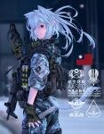  1girl animal_ears bangs belt blurry blurry_background bulletproof_vest camouflage camouflage_jacket camouflage_pants chinese_commentary chinese_text commentary_request cowboy_shot extra_ears fang_zhenjun from_side gloves green_gloves gun harness holding holding_knife holding_mask jacket knife long_hair looking_at_viewer looking_back mask mask_removed military original pants parted_lips photo_background pointy_ears red_eyes republic_of_china_flag sleeves_rolled_up smile soldier solo submachine_gun tactical_clothes thigh_belt thigh_strap translation_request weapon weapon_request white_hair 