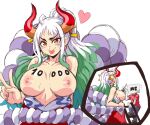  big_breasts blep body_writing breasts female gesture horn horned_humanoid humanoid lewdamone nipples not_furry one_piece simple_background tongue tongue_out v_sign white_background yamato_(one_piece) 