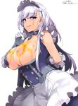  1girl :q apron arm_behind_back azur_lane bangs bare_shoulders belfast_(azur_lane) blue_dress blue_eyes blush braid breasts breasts_out buttons chain clothes_pull collar collarbone commentary_request corset dated dress dress_pull eyebrows_visible_through_hair french_braid frilled_apron frilled_gloves frills gauntlets gloves happa_(cloverppd) honey index_finger_raised large_breasts leaning_forward long_hair looking_at_viewer maid maid_apron maid_headdress nipples signature simple_background smile solo swept_bangs tongue tongue_out underbust white_apron white_background white_gloves white_hair 