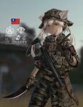  1girl animal_ears assault_rifle bangs blurry blurry_background boonie_hat bulletproof_vest camouflage camouflage_headwear camouflage_jacket camouflage_pants chinese_commentary chinese_text commentary_request cowboy_shot ears_through_headwear fang_zhenjun gloves gun holding holding_knife jacket knife long_hair military orange_eyes original pants photo_background republic_of_china_flag rifle soldier solo tactical_clothes translation_request twintails weapon white_hair 